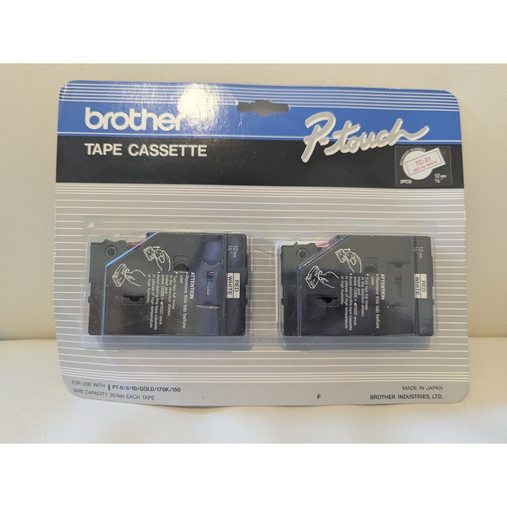 NOS Brother P-Touch TC-21 Tape Cassette Red on White 12mm 1/2" 2pk 25ft‎